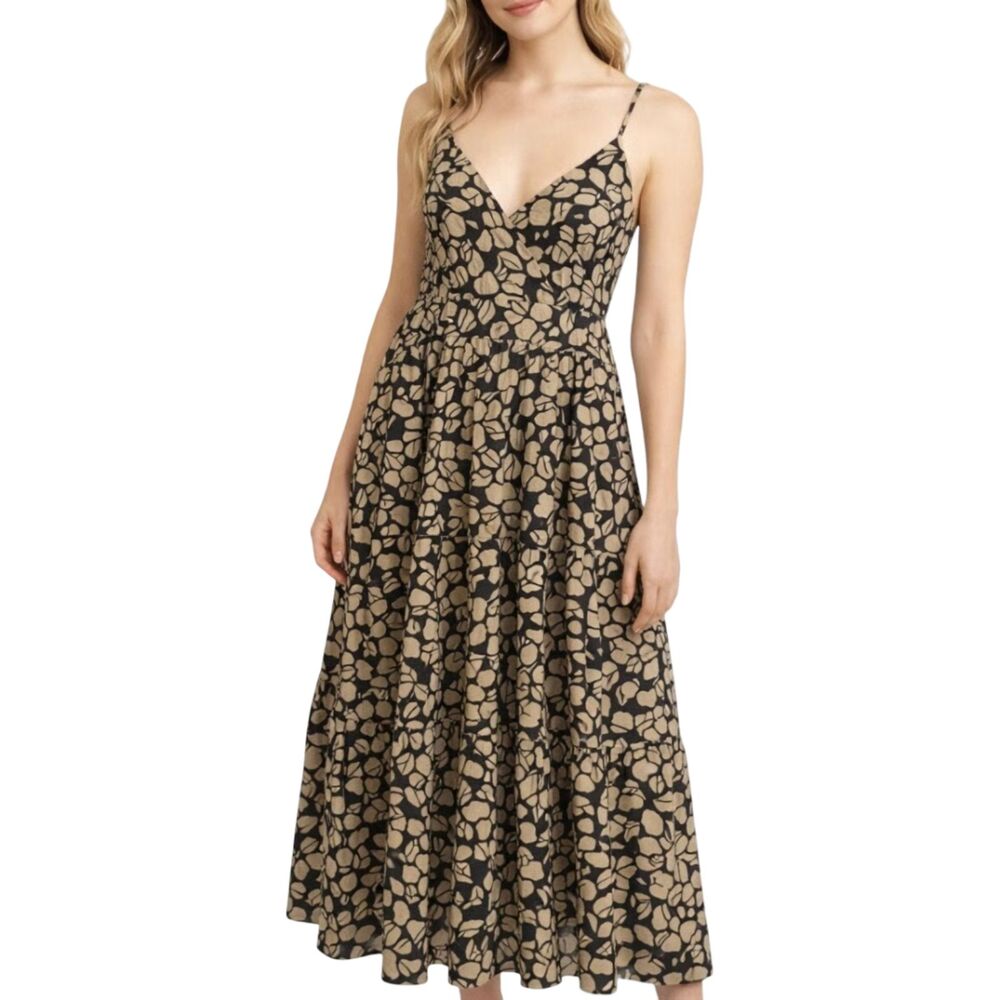 Abercrombie A&F Flowy Tiered Maxi Dress V-Neck Black Tan Floral Sz M
